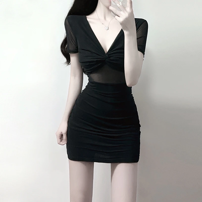 黑色网纱显身材深v裙子小妈包臀短裙紧身性感连衣裙夜场上班衣服