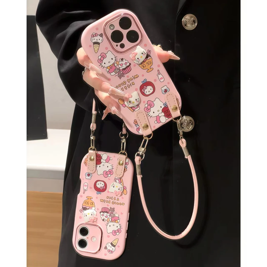波点雪糕KT头挂绳适用苹果17手机壳iPhone16小米14vivo华为70oppo