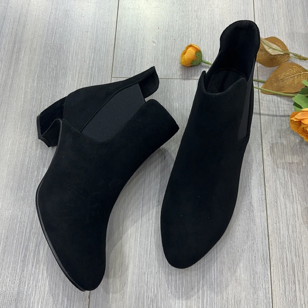 酷牌羊皮短靴百搭黑色尖头秋冬粗跟靴子8291