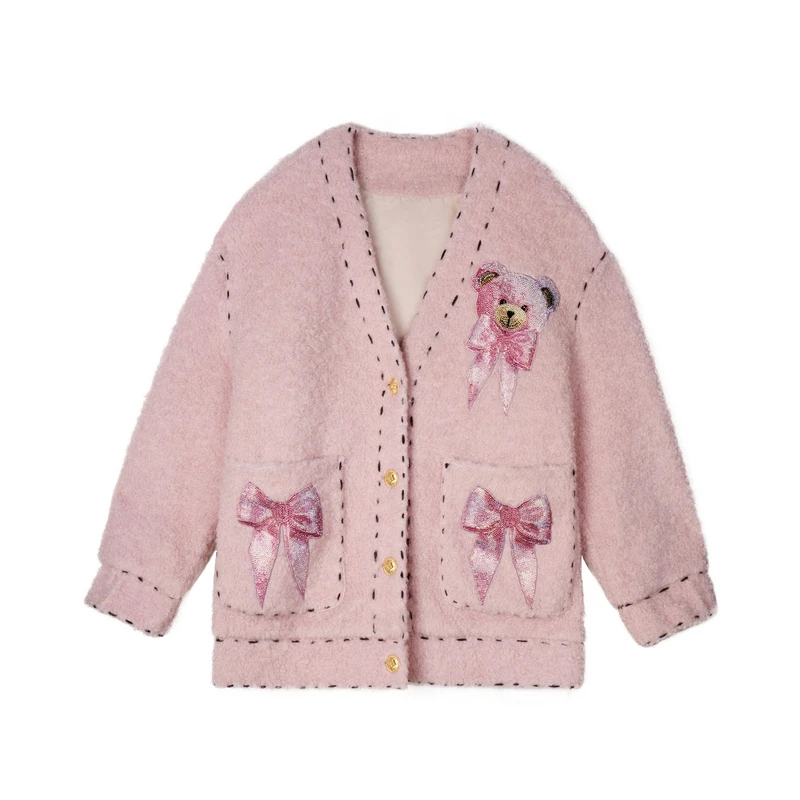 TCH潮牌烫钻蝴蝶结绵羊毛V领小香风毛呢大衣外套女T72D056026