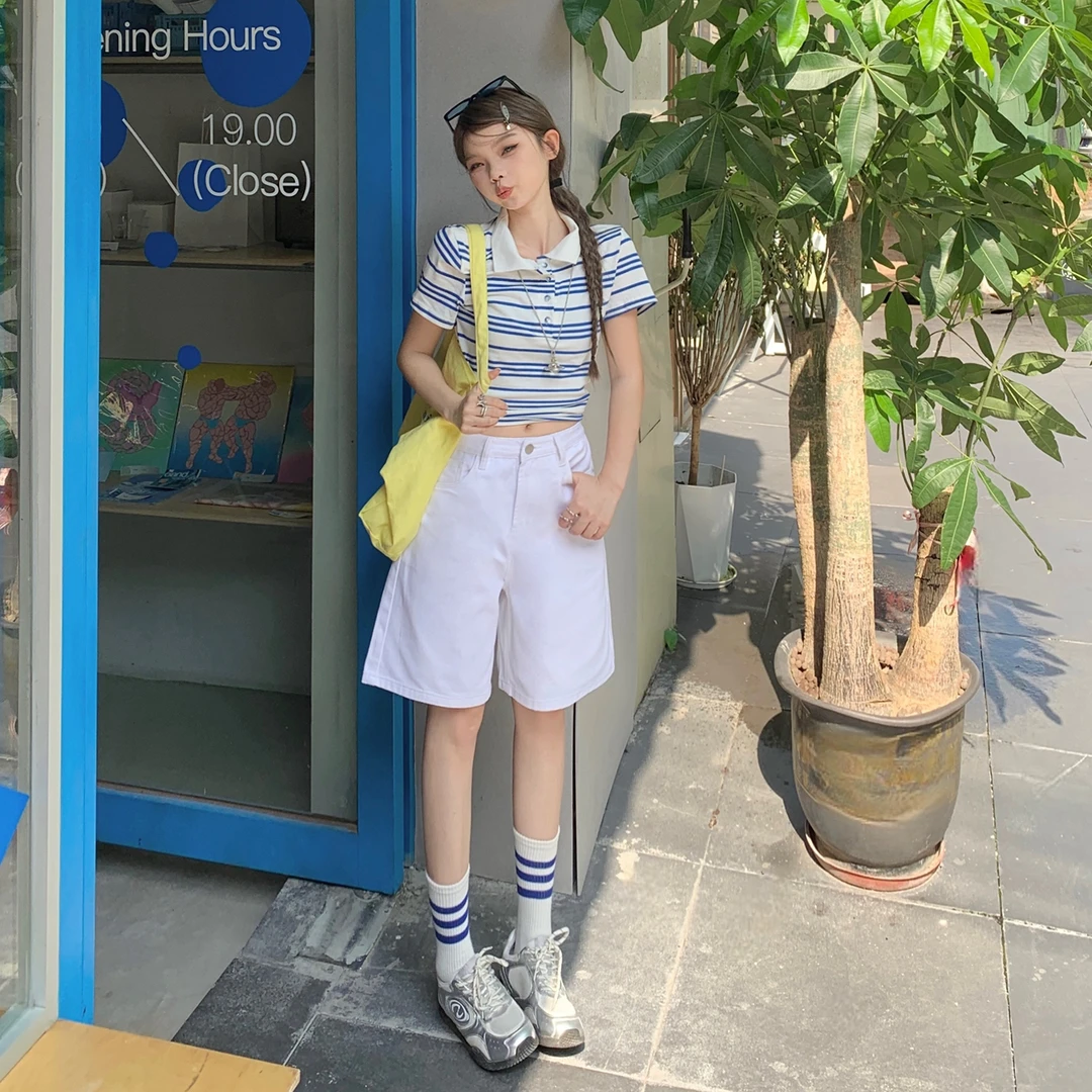 早秋新款&色美式复古高腰宽松四分裤阔腿裤百搭直筒短裤牛仔裤女