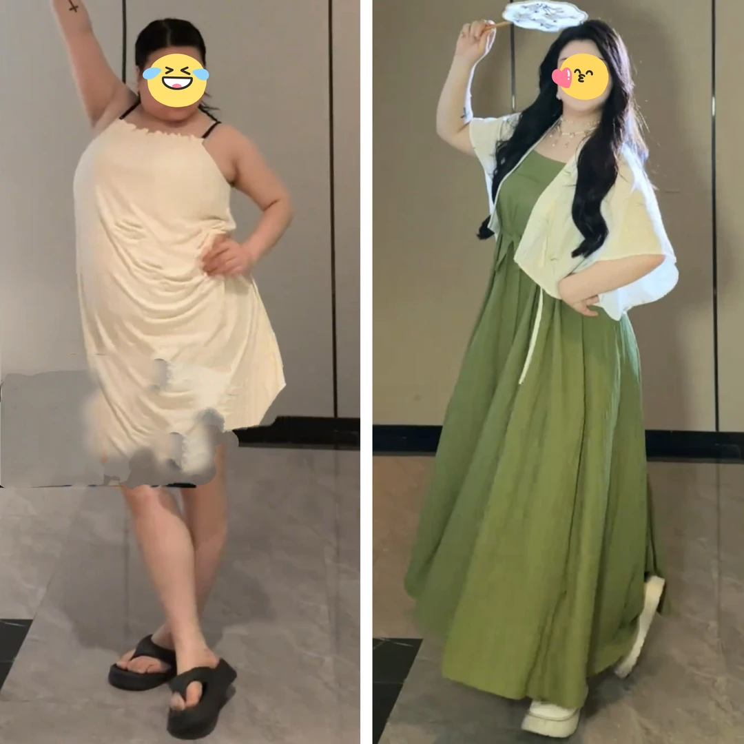 大码新中式国风套装裙女胖mm巨显瘦遮肚夏装开衫吊带连衣裙两件套