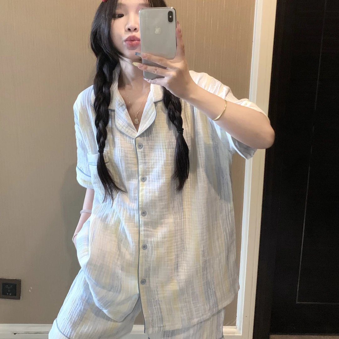 宽松条纹纯棉双层纱布睡衣女款爆款2025新款夏季短袖睡衣女夏季