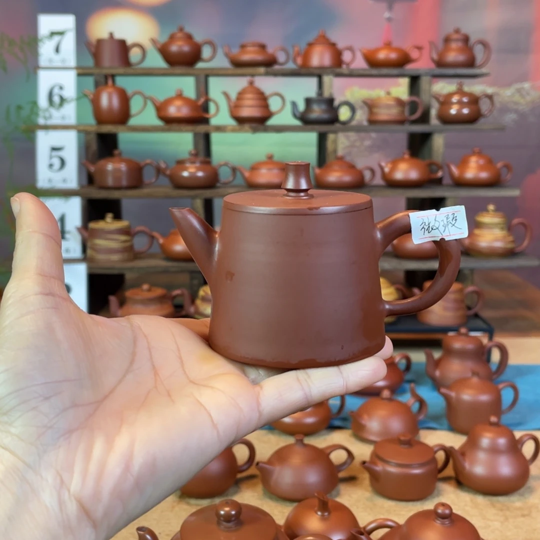 茶壶紫砂尘*潮州手工手拉朱泥直口壶