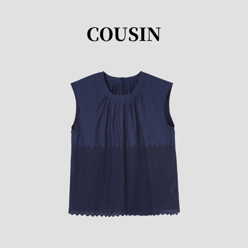 D.cousin  圆领镂空无袖上衣女夏季新款气质高级别致小衫 2694