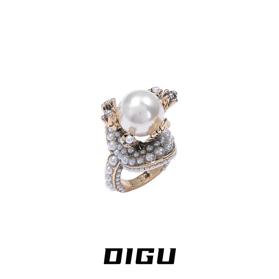 嘀咕家 铜合金仿珍珠戒指 复古做旧珍珠花朵戒指独特手指指环手饰