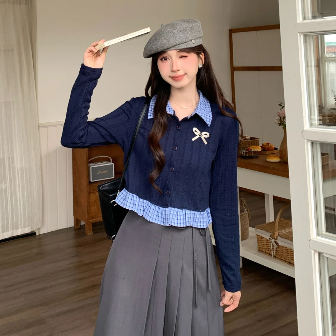【小铃铛】TU29273法式拼接假两件翻领长袖针织衫百搭显瘦设计感