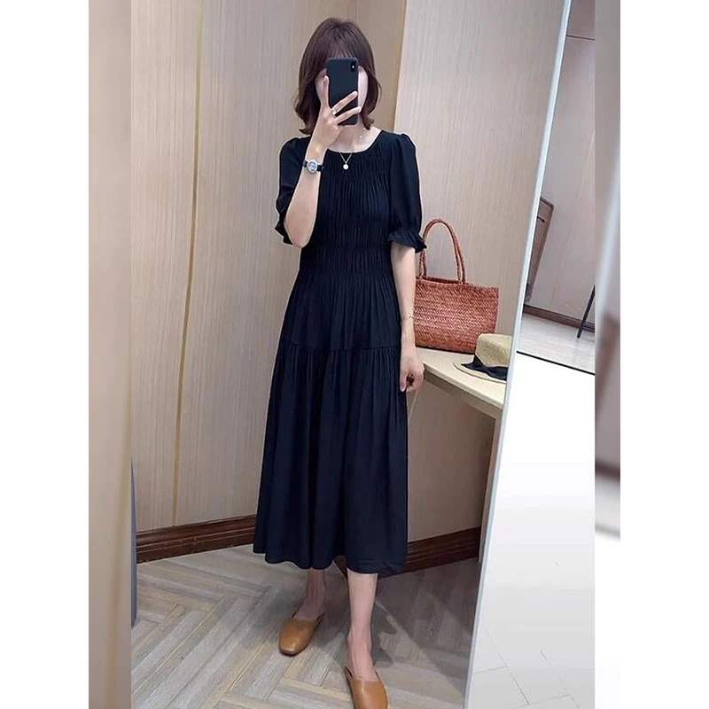 夏季新款女装法式气质高级感休闲宽松御姐轻松熟风黑色连衣裙子