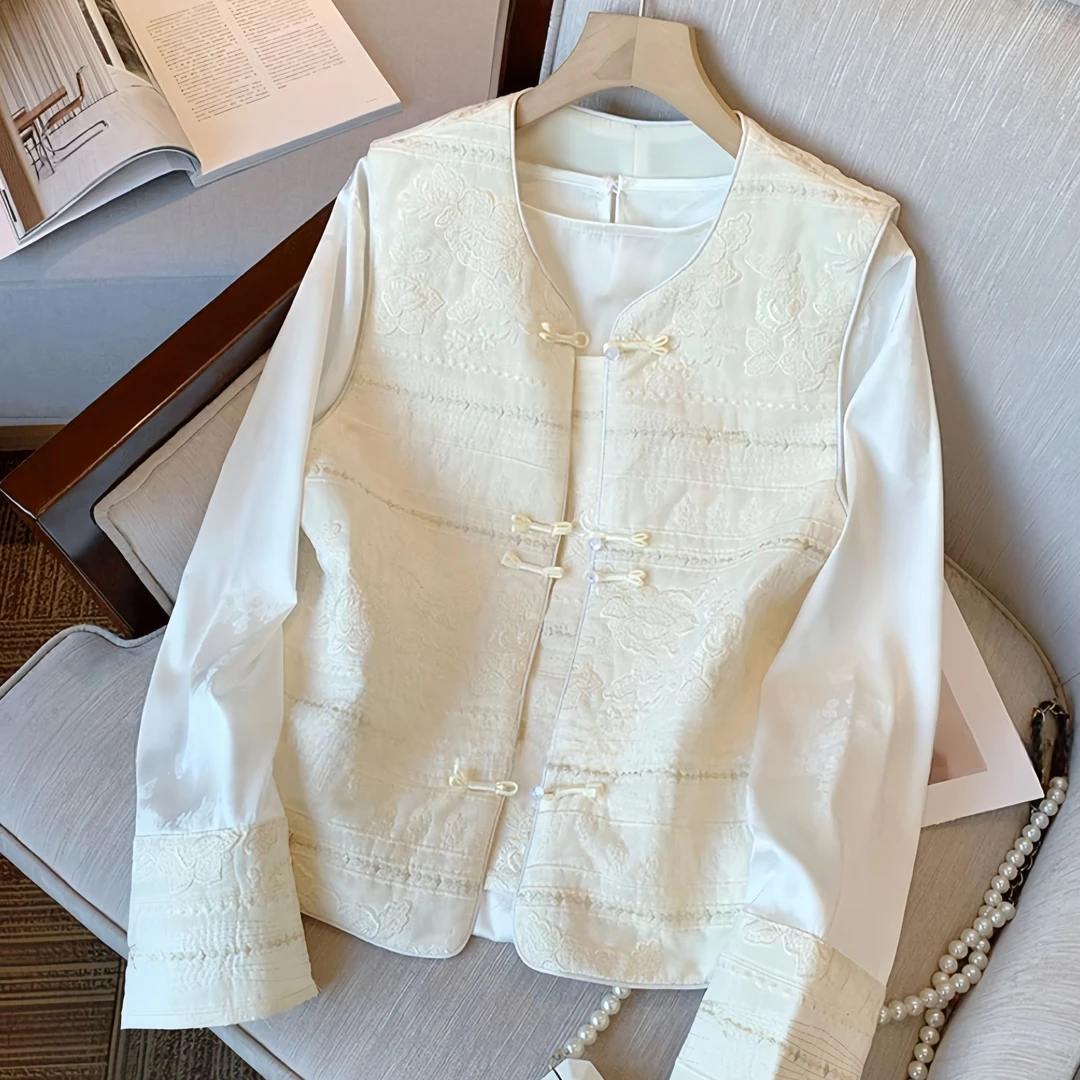 新中国风品质女装式刺绣盘扣马甲套装女高端气质百搭衬衣两件套女