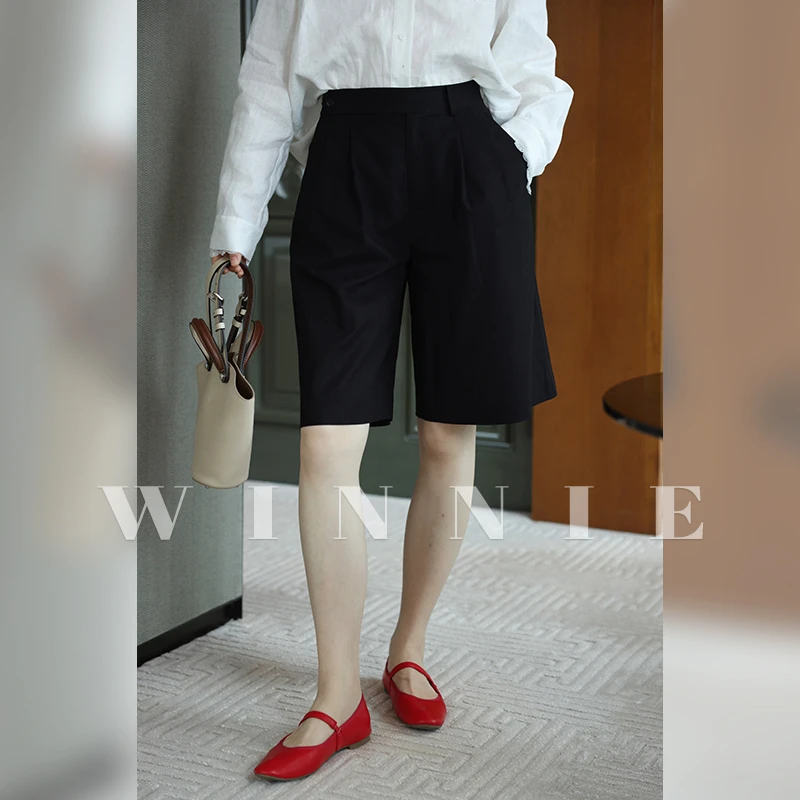 WinnieTang亚麻棉不对称门襟休闲西装式中裤百搭短裤25S61910K