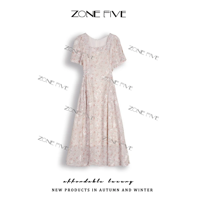 【zonefive】花市漫步2025夏新款温柔风收腰碎花中长款连衣裙女时尚
