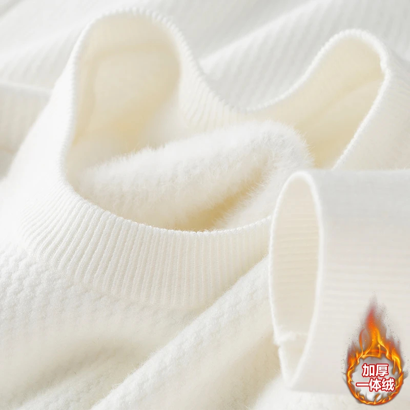 深冬季加绒加厚保暖一体绒圆领白色毛衣男长袖修身套头针织衫男士