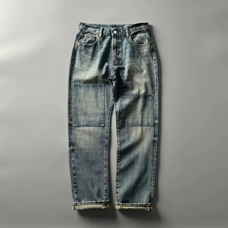 24AWK361手工贴布 美式复古牛仔裤直筒水洗做旧补丁设计拼接宽松