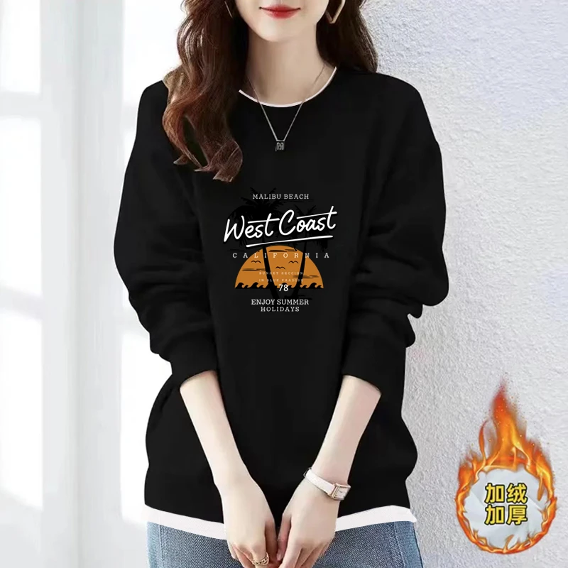 平价女装~外贸清仓~大码宽松显瘦遮肉百搭加绒圆领假两件卫衣秋冬