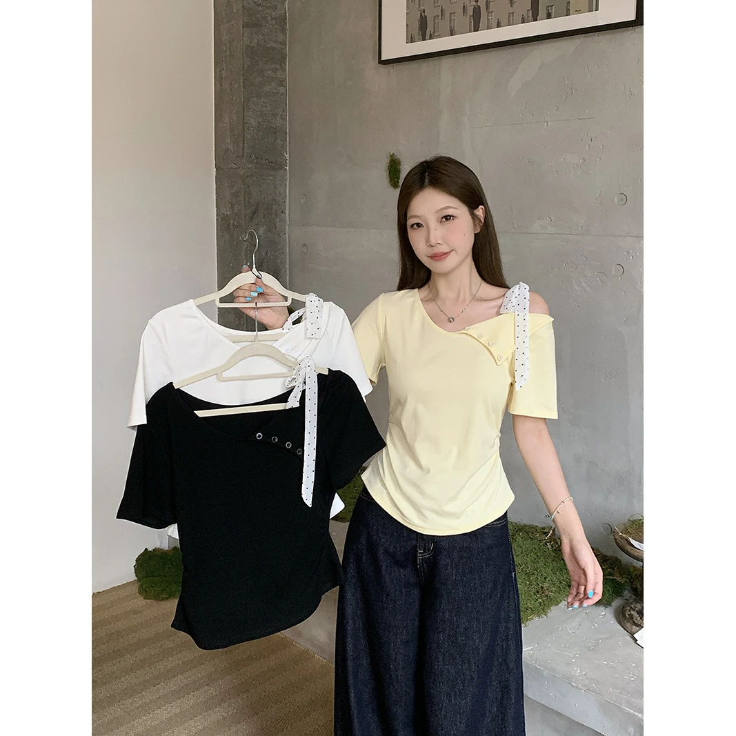 2025大码夏季新款m大码女设计感蝴蝶结系带露肩弧形短袖T恤-7257