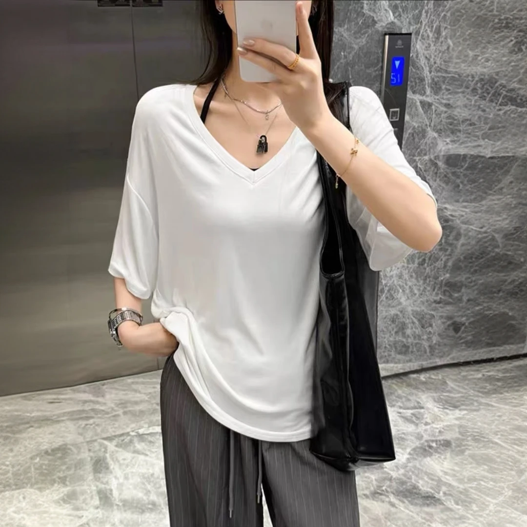 2025新款V领宽松慵懒风短袖夏季半袖纯色上衣休闲中长款体恤T恤