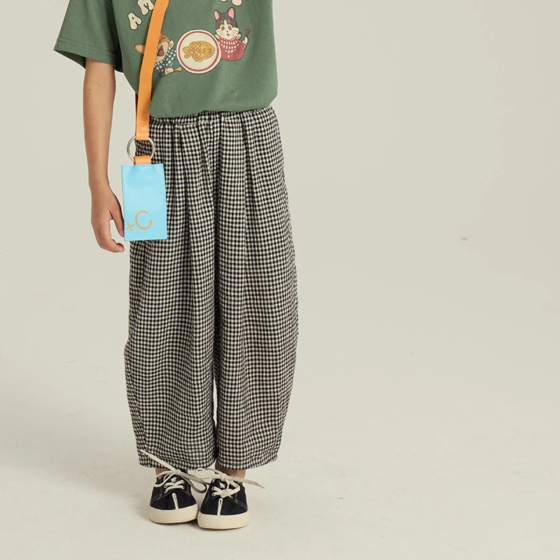 现货【小梨涡】夏装女童裤子儿童轻薄透气黑白格子裤25C200