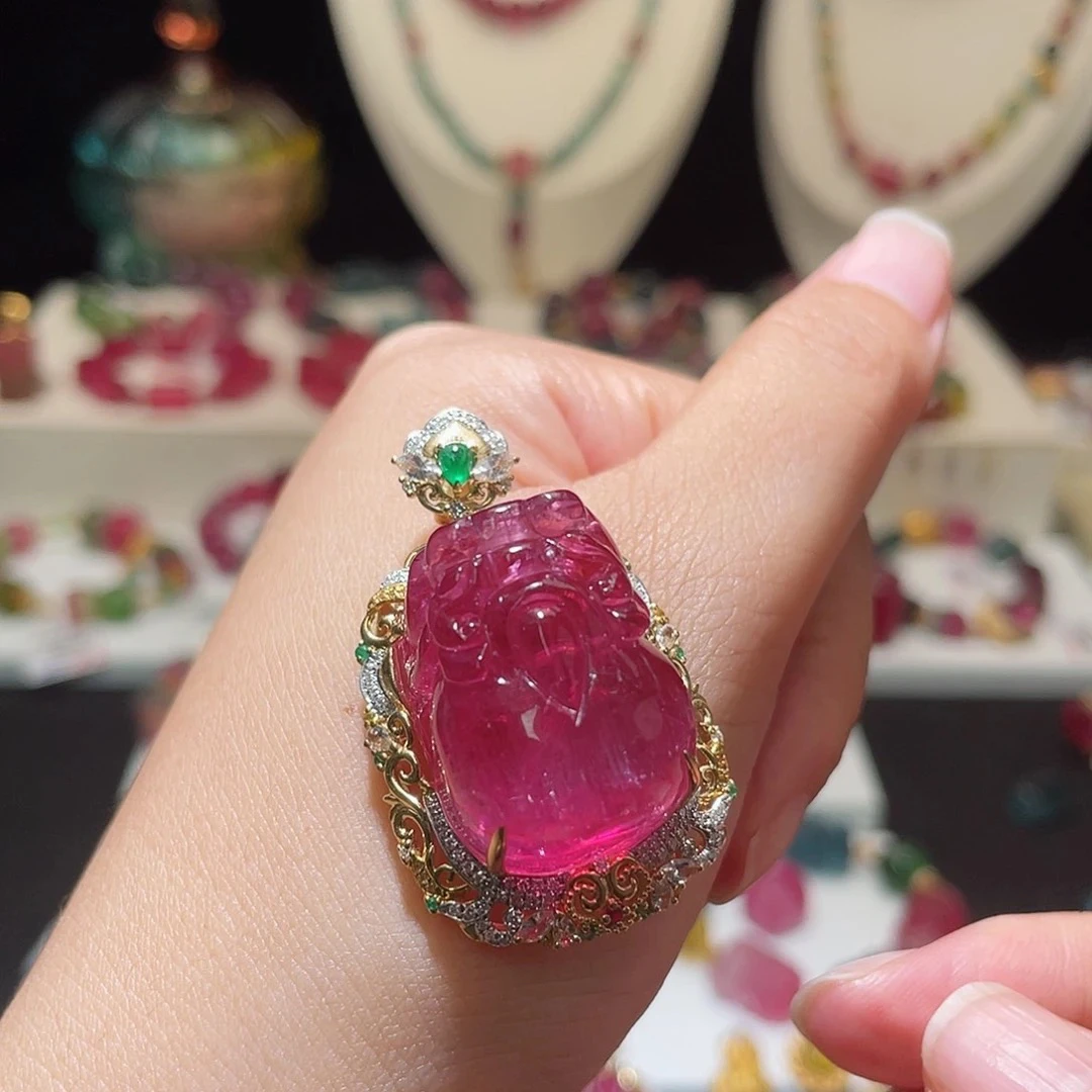 【相传碧玺】传承西瓜猫眼貔貅碧玺吊坠  18k金镶嵌原创设计