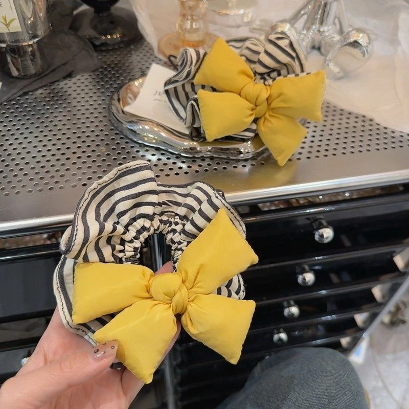 东大门柠檬黄蝴蝶结大肠发圈百搭条纹可爱少女心扎发头绳新款发饰