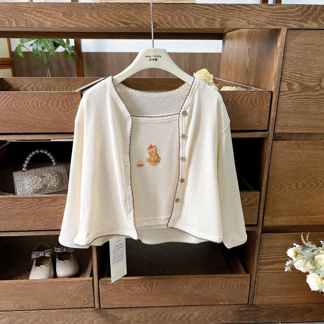 【两件套】8911套装 女童洋气百搭 竹节棉小熊吊带两件套