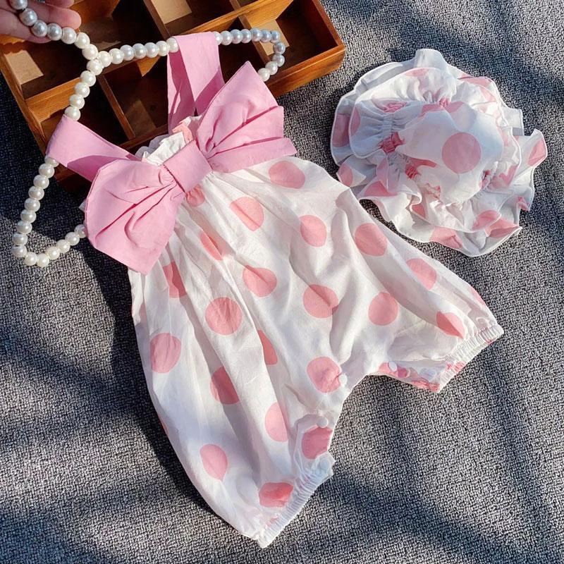 【灿宝家】蝴蝶结圆点吊带短爬 婴儿衣服夏季公主新款薄款纯棉连体