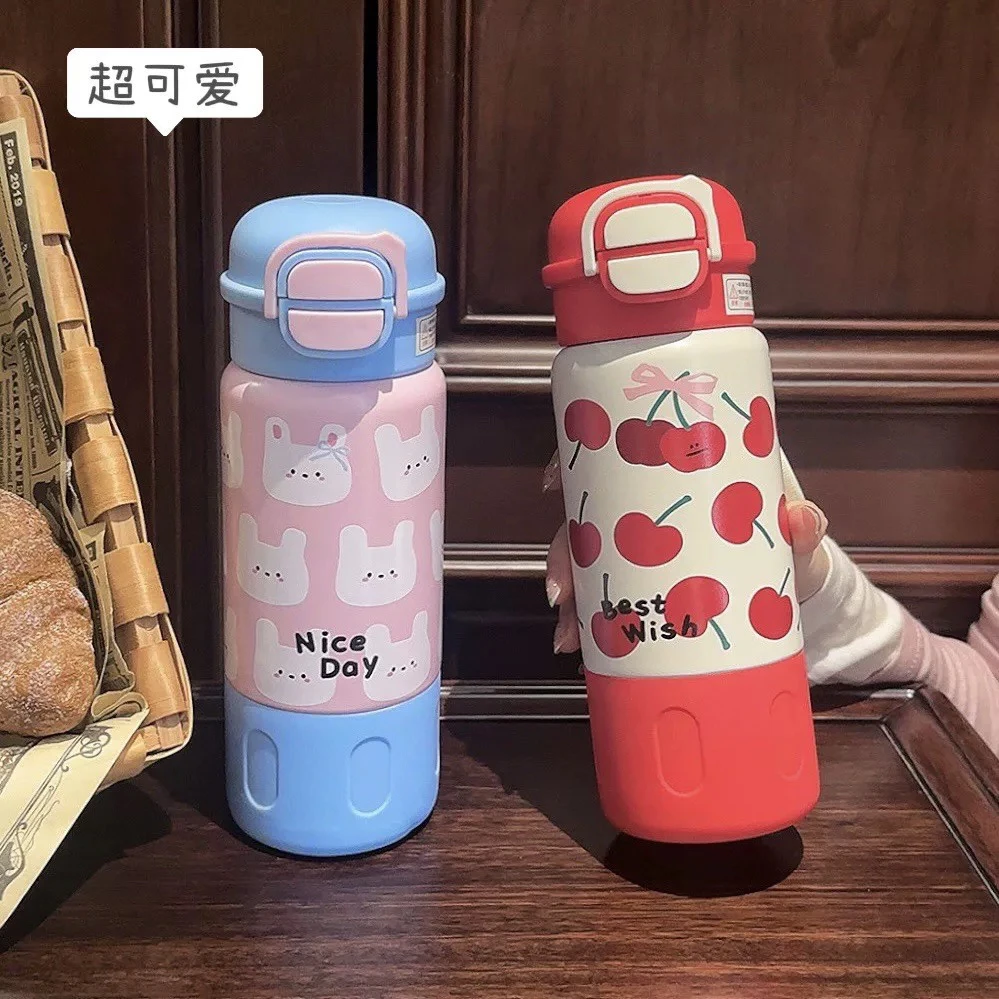 双饮弹盖保温杯500ML可爱卡通书包侧面女生高颜值316钢新疆包邮