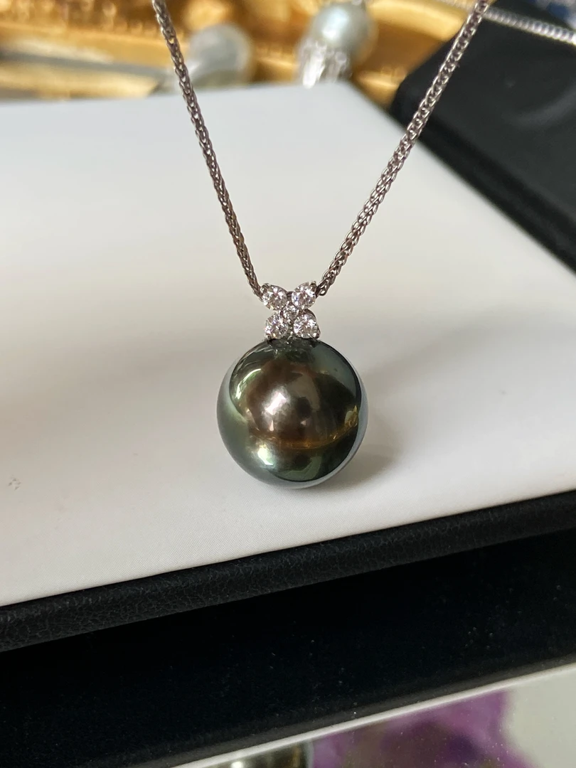 璨澜大溪地黑珍珠吊坠海水珍珠18k金吊坠 孔雀绿四叶草（送银链