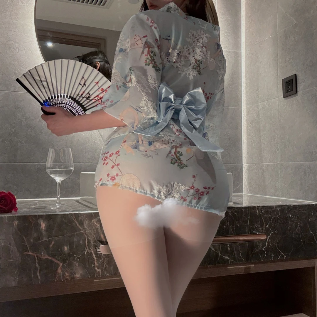 性感日式纯欲风和服开衫睡裙女夏印花雪纺结睡袍睡衣蕾丝夏季显瘦