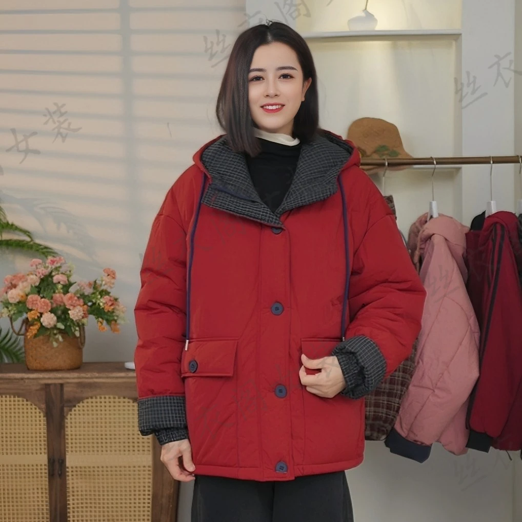冬季保暖设计感时尚拼接棉服宽松显瘦百搭洋气连帽棉衣外套女