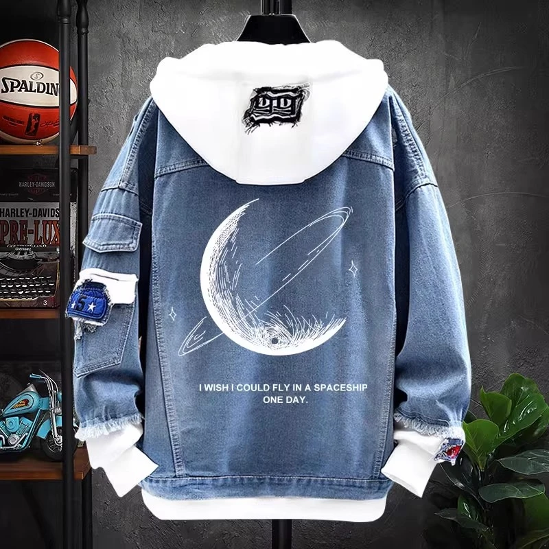仓石一树潮牌月亮印花假两件连帽牛仔外套男秋冬宽松休闲卫衣夹克