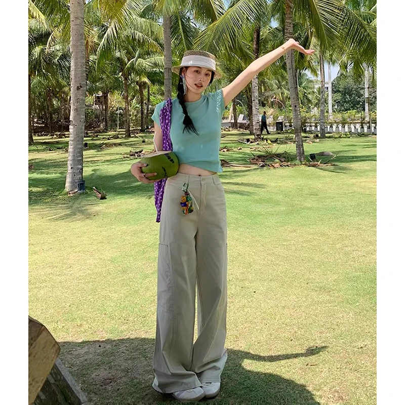 NORNLGGER高腰宽松工装阔腿裤女夏季2025新款拖地裤子直筒休闲裤