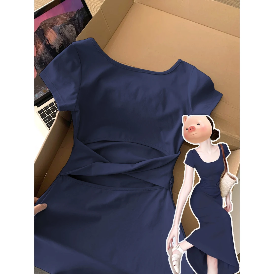 藏蓝色连衣裙女夏a字收腰夏日绝美漂亮多巴胺掐腰小裙子包臀长裙