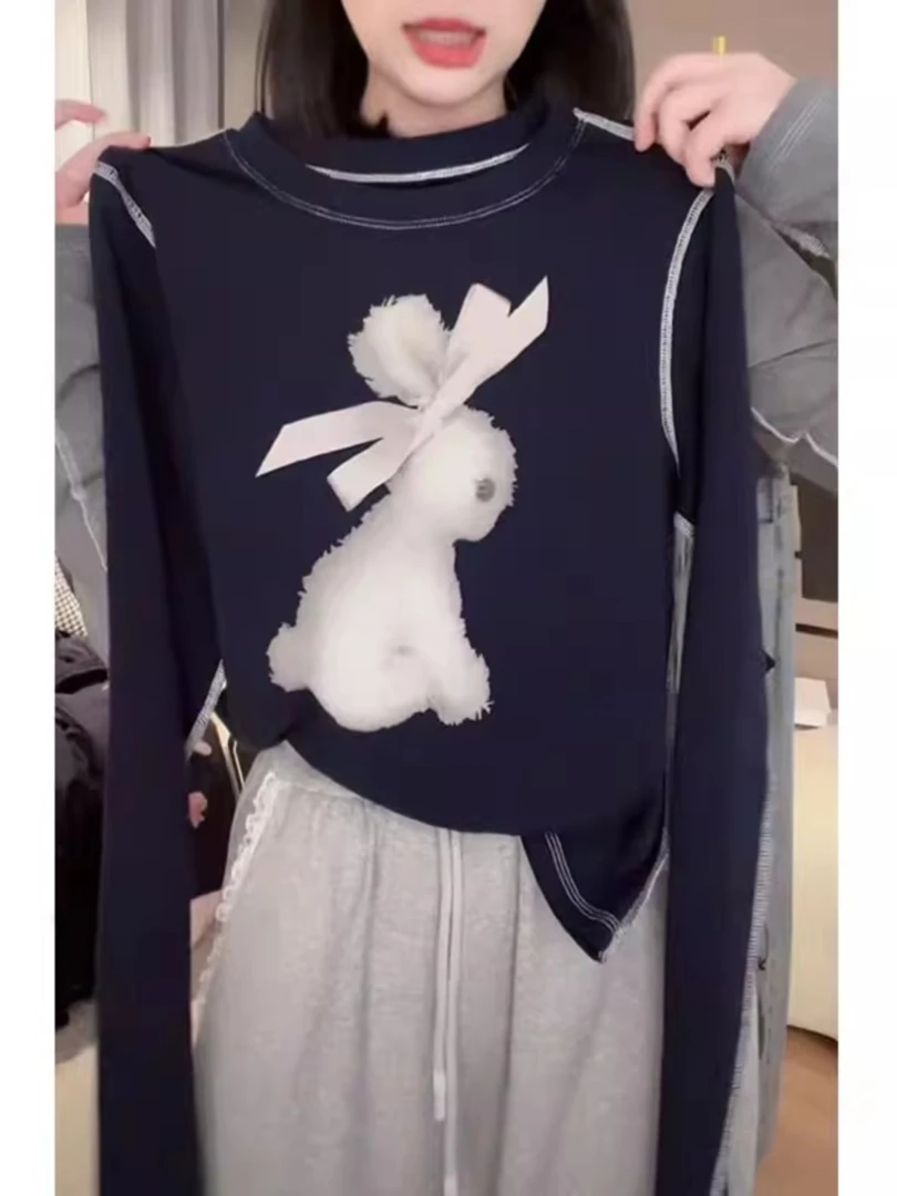 设计感立体印花正肩长袖T恤秋季大码微胖洋气减龄显瘦打底衫上衣