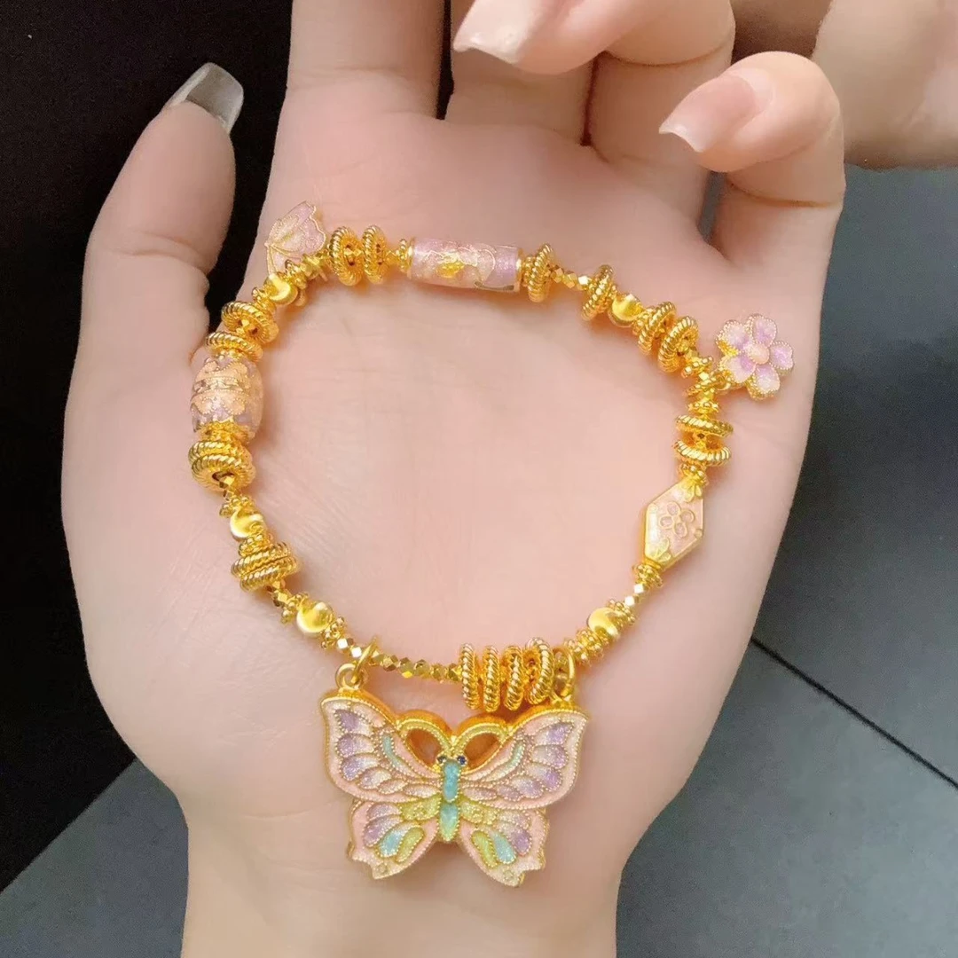水贝足金999珐琅烧蓝国风蝴蝶手串