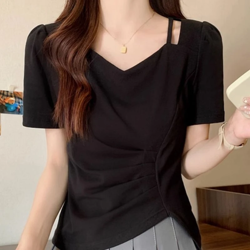 黑色短袖拼接设计感显瘦不规则气质通勤女T恤宽松V领修身夏款