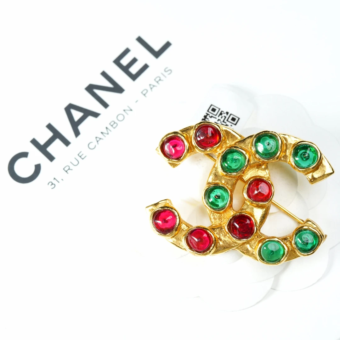 95新 Chanel/香奈儿 柚礼中古/香奈儿红绿琉璃双C胸针CG504105