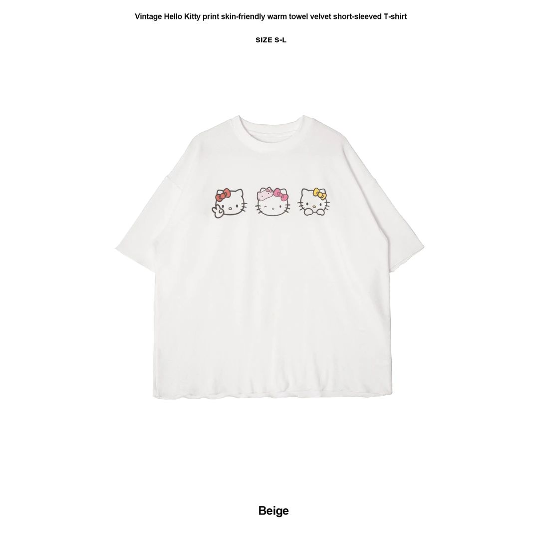 ins风日常街头复古hellokitty趣味可爱女毛巾绒短袖韩版T恤
