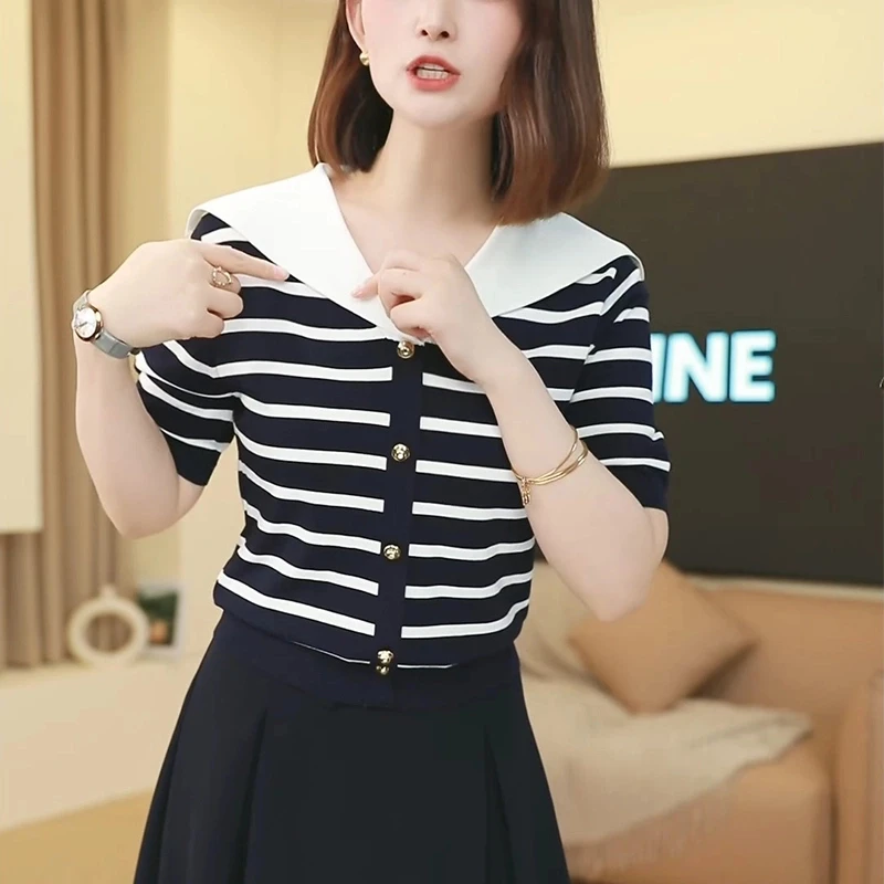 2025夏季新款时尚简约条纹拼色针织衫女气质显瘦拼接百搭休闲上衣