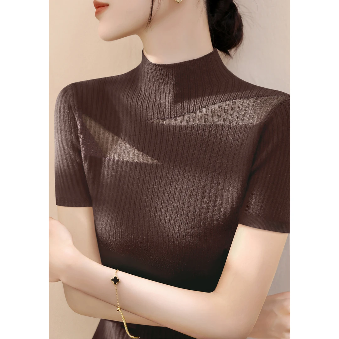 2025年半高领修身套头气质上衣女夏季新款莱赛尔短袖t恤针织衫