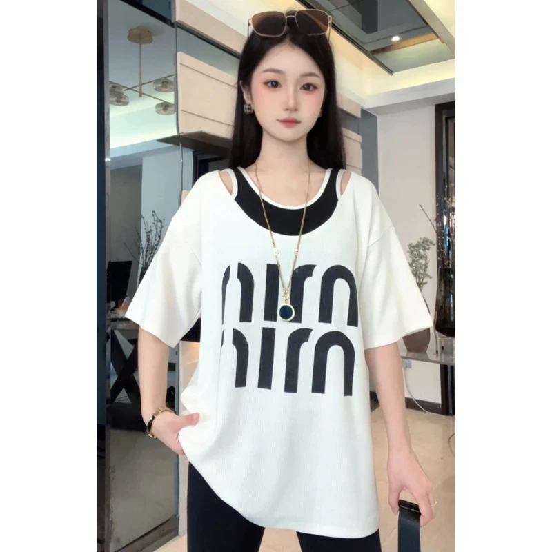 夏季新款中长款短袖T恤女假两件设计双肩镂空休闲宽松韩版时尚时