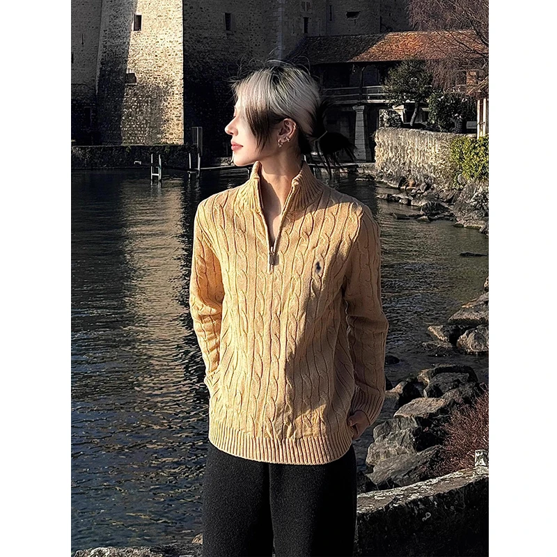 卡其色小马标刺绣半拉链毛衣男款秋冬季立领麻花条纹高级感针织衫