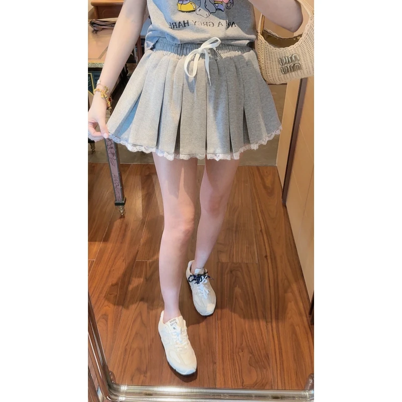 【张静芝】蕾丝边拼接灰色半身裙