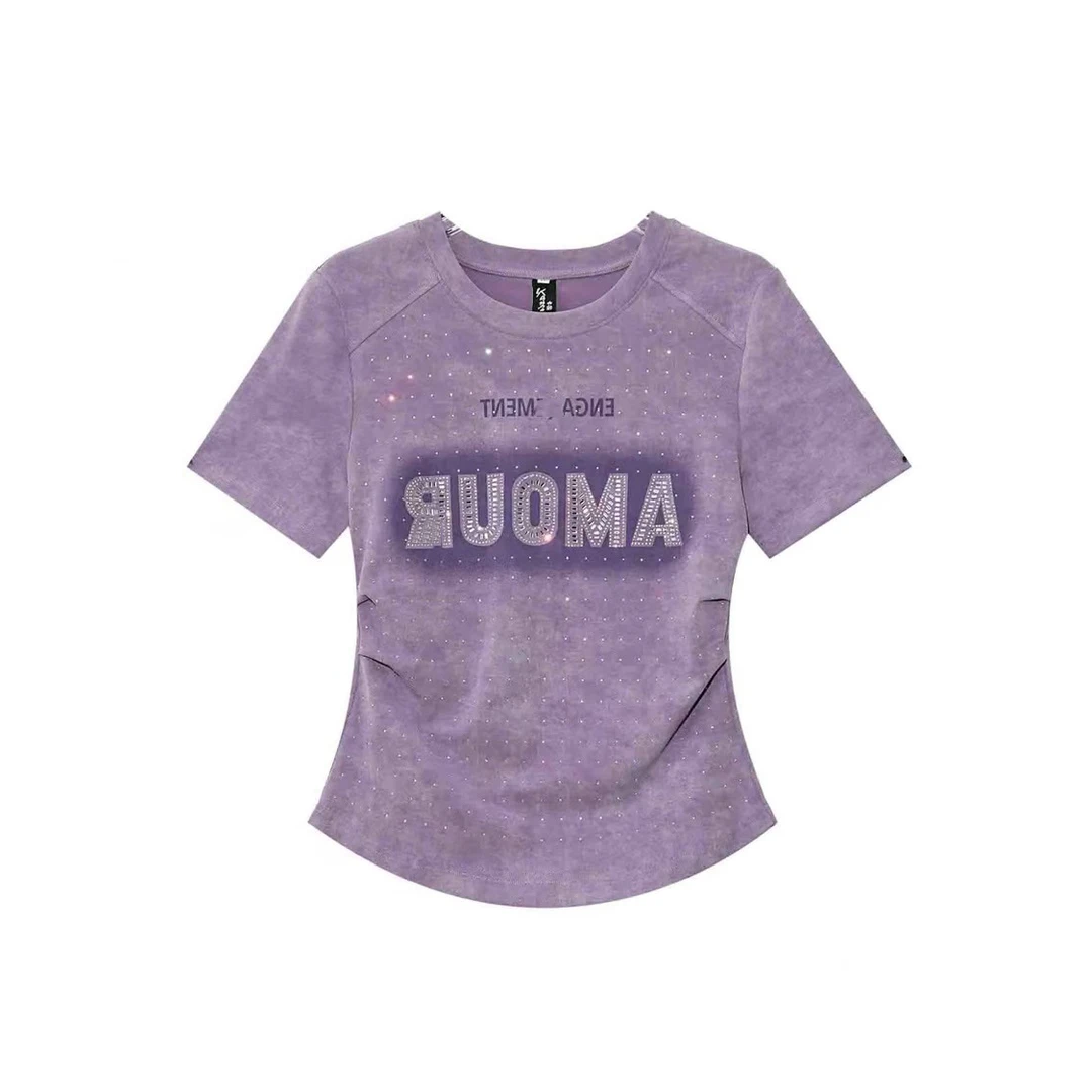 【合肥欢欢】71688#欧货复古时尚修身百搭字母烫钻大码短袖显瘦T恤