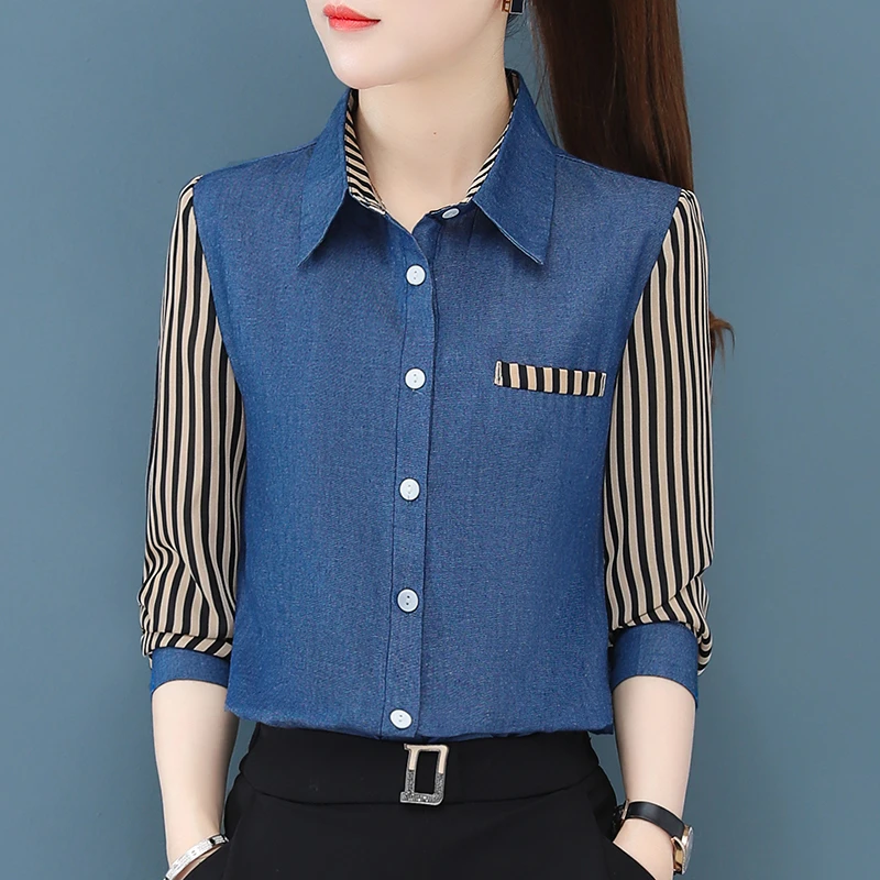 衬衫成人拼接长袖条纹衬衣百搭上衣时尚春季大码韩版春秋