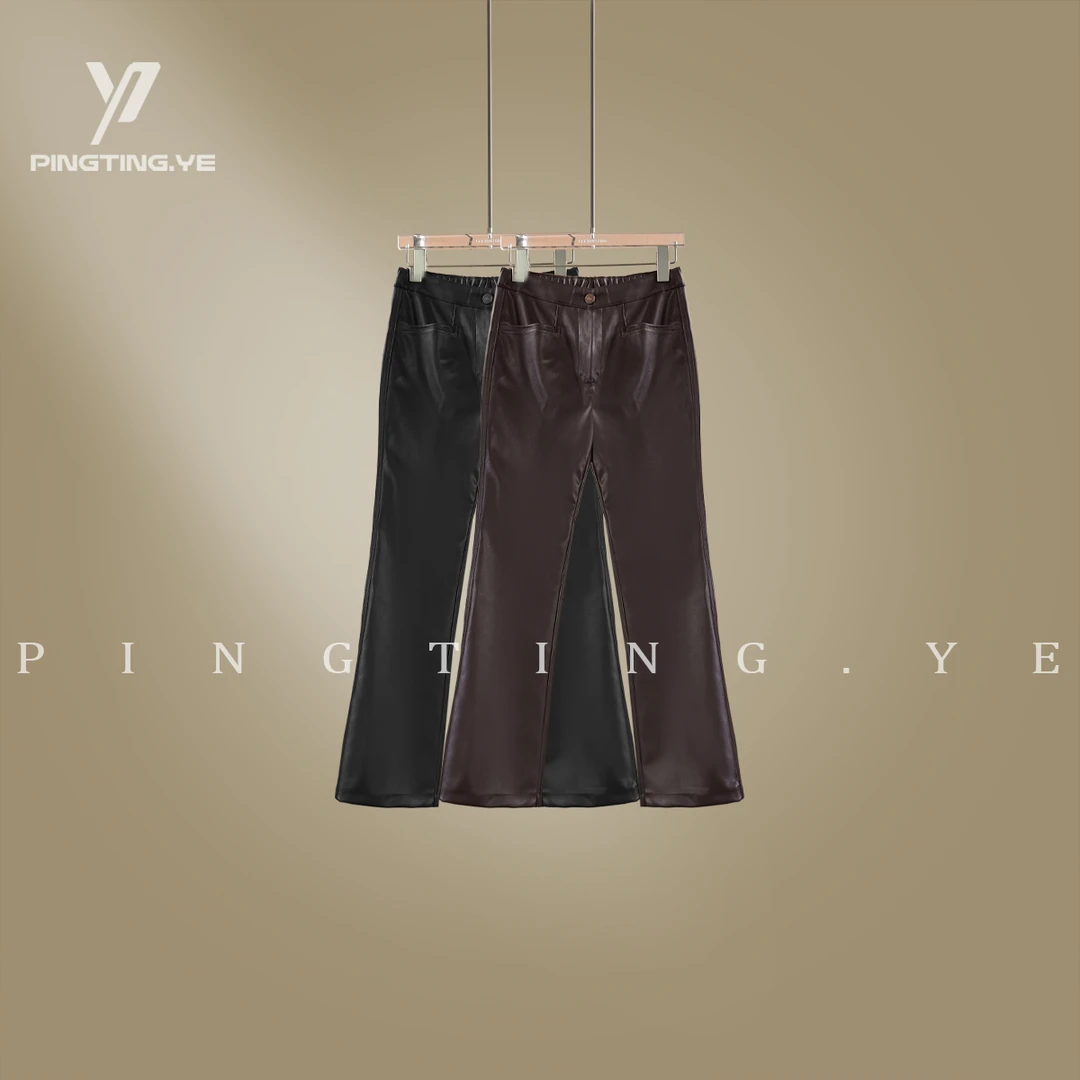 PINGTING.YE加绒复古后松紧腰休闲九分微喇蛋白皮裤PT7535