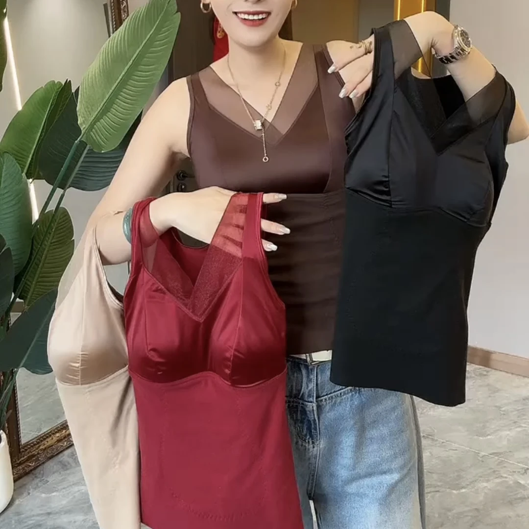 缎面拼接网纱领修身保暖背心固定杯无钢圈聚拢上托保暖马甲外穿
