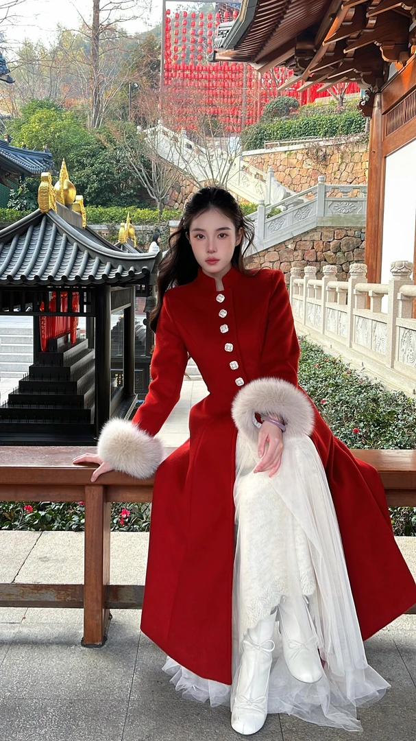 [石潇潇STUDIO]真狐狸毛气质正红色羊毛大衣中长款显瘦修身大衣