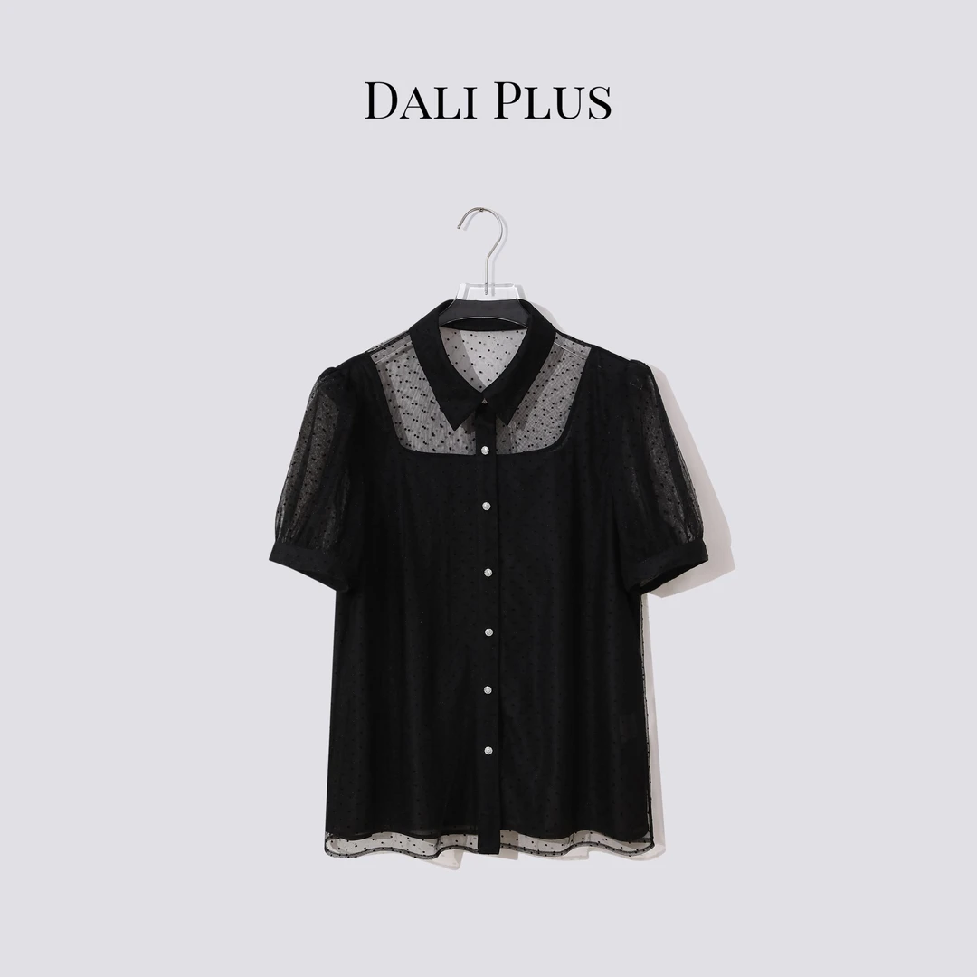 DALI PLUS法式复古 夏季精致优雅黑色波点纱纱短袖衬衫-D5ST1200