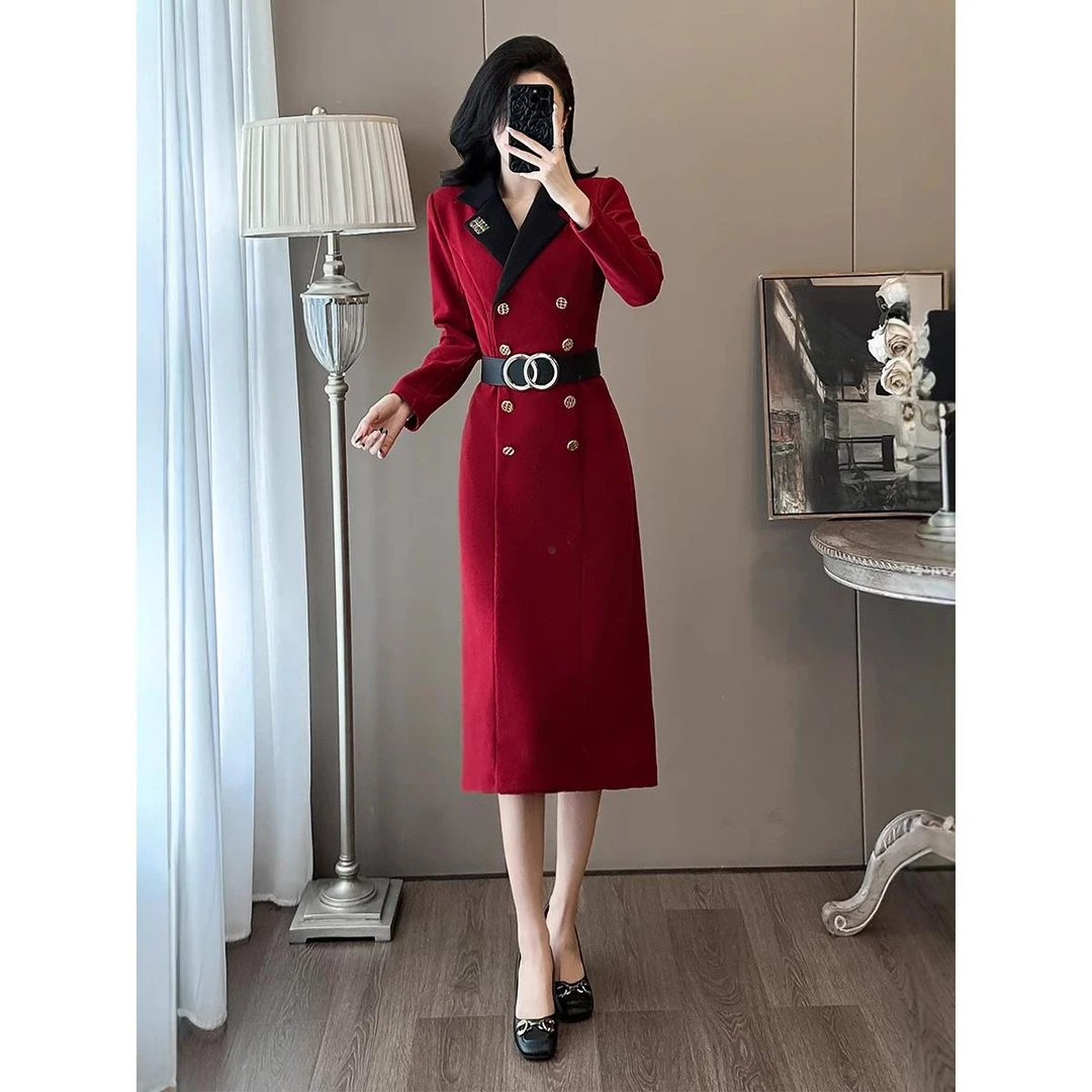 品牌优选秋冬新款法式轻奢毛呢连衣裙气质通勤安可拉红色修身西装