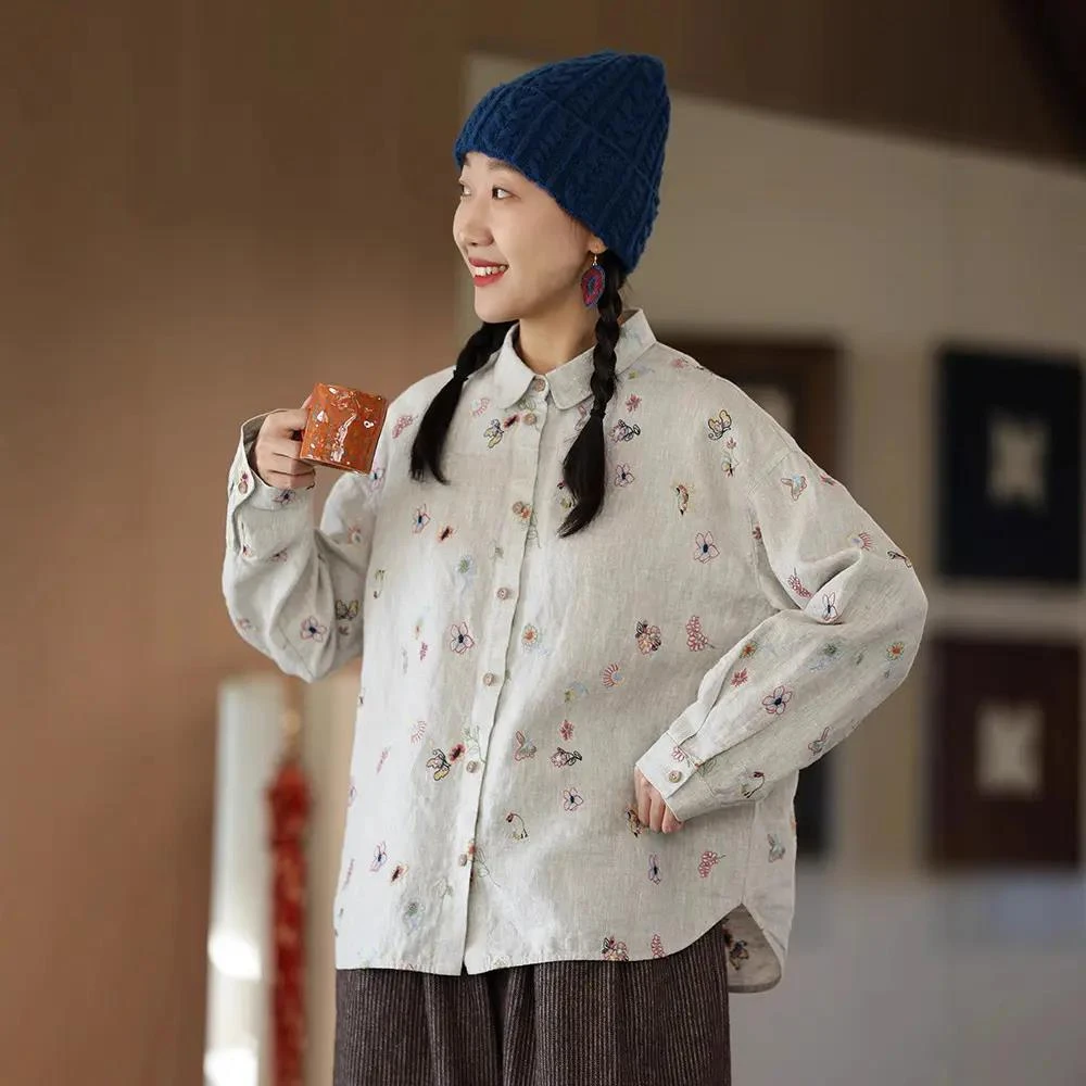文艺复古衬衣减龄绣花翻领宽松亚麻衬衫女蝶恋花